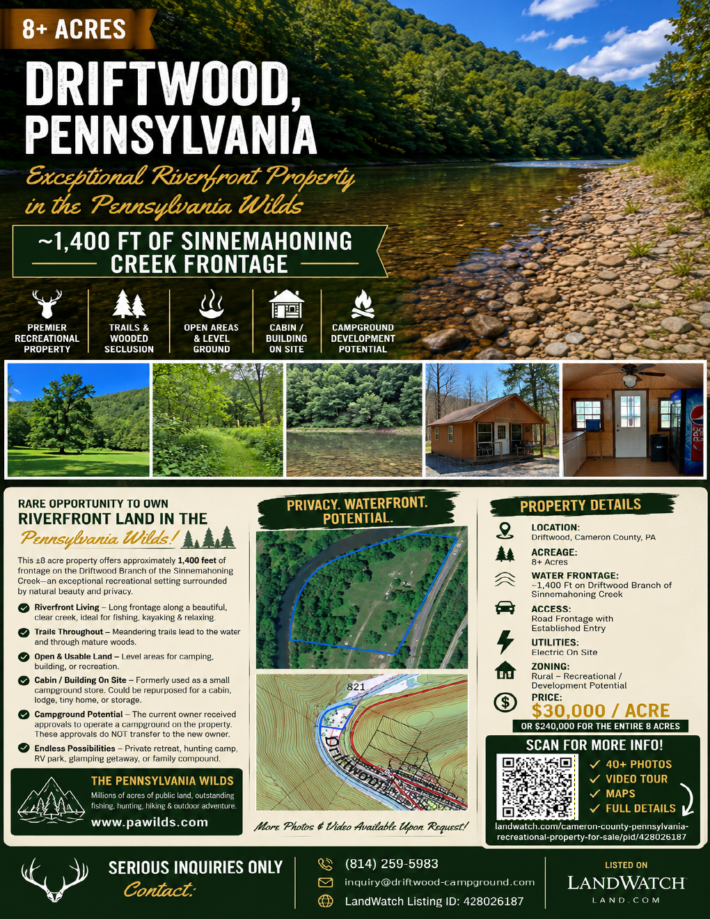Flyer for an 8+ acre riverfront property in Driftwood, Pennsylvania with approximately 1,400 feet of Sinnemahoning Creek frontage, recreational features, maps, pricing and contact information.